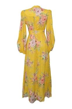 Yellow linen floral print stand collar plunge neck button-loop empire-waist midi dress with blouson sleeves