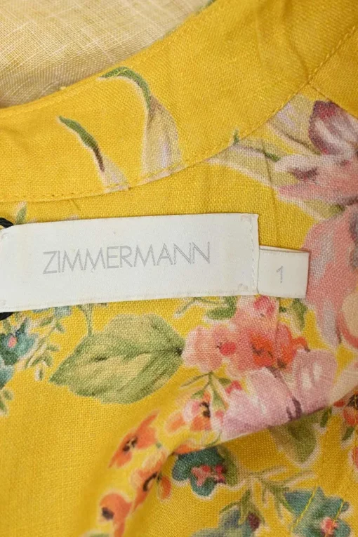 Yellow linen floral print stand collar plunge neck button-loop empire-waist midi dress with blouson sleeves