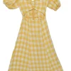 Yellow linen gingham puff sleeve sun dress with cutout at centre front