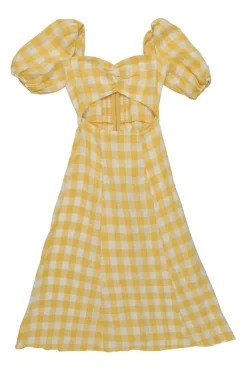 Yellow linen gingham puff sleeve sun dress with cutout at centre front