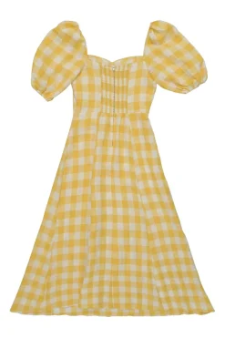 Yellow linen gingham puff sleeve sun dress with cutout at centre front