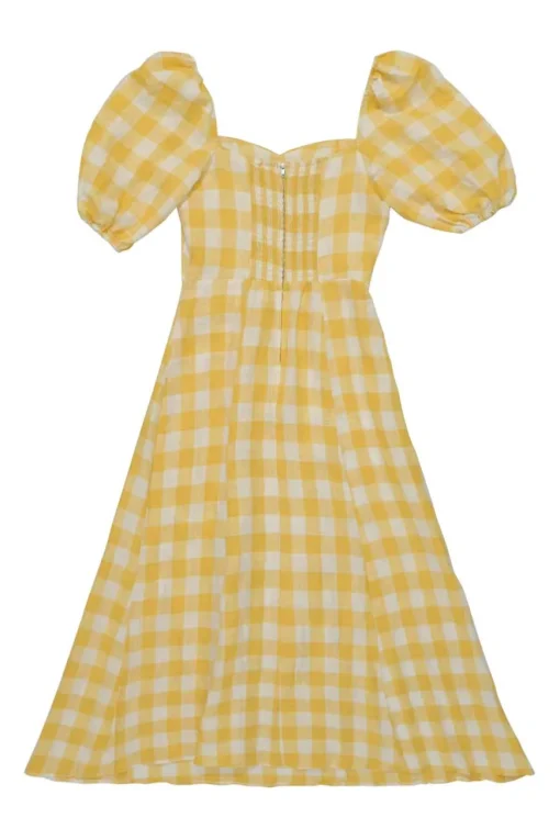 Yellow linen gingham puff sleeve sun dress with cutout at centre front