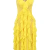 Yellow nylon lace and nude silk illusion V-neck midi-dress with cascading ruffle detailing