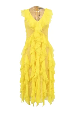 Yellow nylon lace and nude silk illusion V-neck midi-dress with cascading ruffle detailing