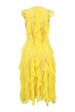 Yellow nylon lace and nude silk illusion V-neck midi-dress with cascading ruffle detailing