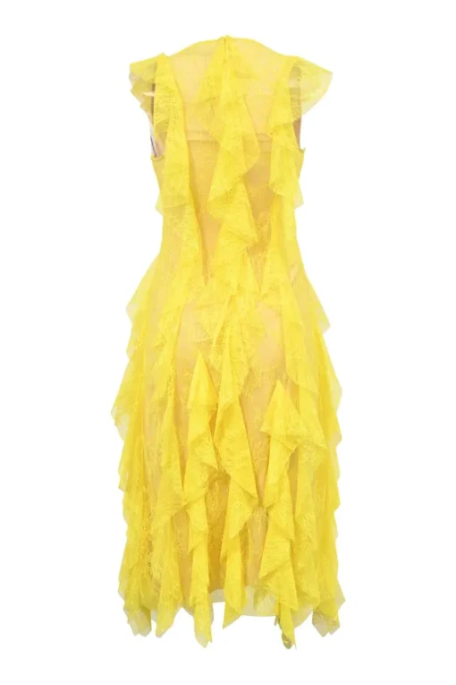 Yellow nylon lace and nude silk illusion V-neck midi-dress with cascading ruffle detailing