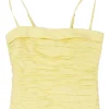 Yellow organic cotton-blend draped foldover bustier top with smocked back and adjustable spaghetti straps