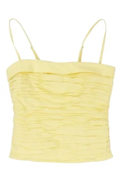 Yellow organic cotton-blend draped foldover bustier top with smocked back and adjustable spaghetti straps