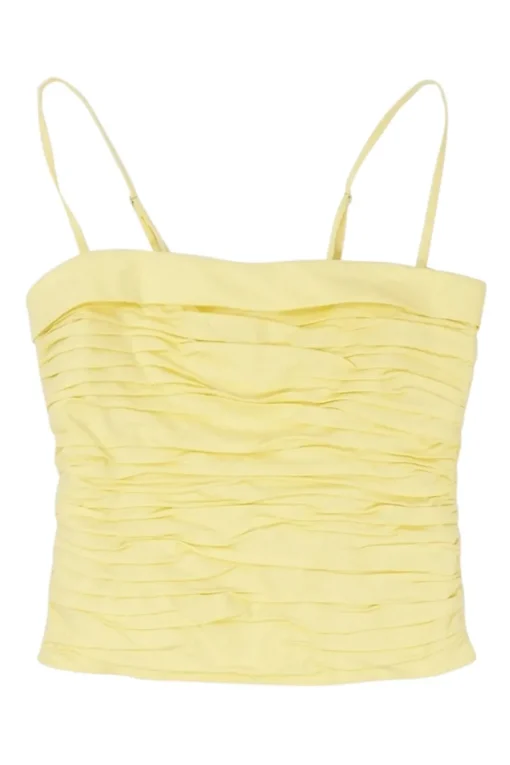 Yellow organic cotton-blend draped foldover bustier top with smocked back and adjustable spaghetti straps