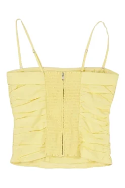 Yellow organic cotton-blend draped foldover bustier top with smocked back and adjustable spaghetti straps