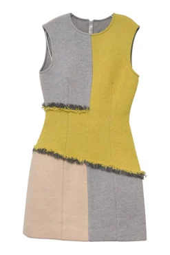 Yellow paneled raw-edge wool-blend tweed Ebele sleeveless sheath dress