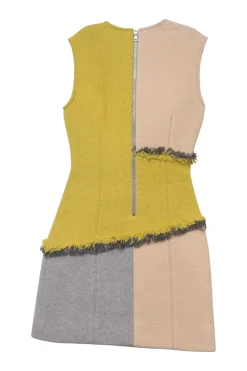Yellow paneled raw-edge wool-blend tweed Ebele sleeveless sheath dress