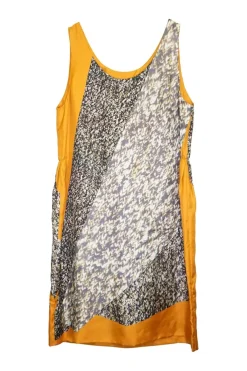 Yellow paneled silk trompe l'oeil knit print pullover sleeveless dress