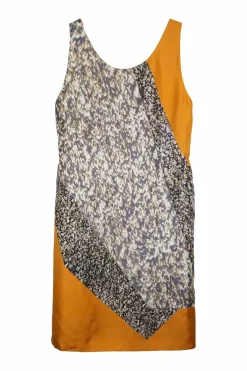 Yellow paneled silk trompe l'oeil knit print pullover sleeveless dress