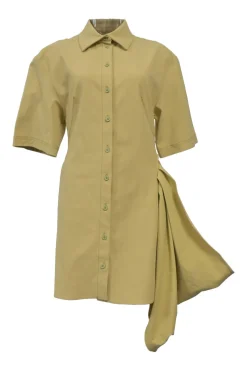 Yellow polyamide-blend 'La Robe Camisa' half-sleeve shirt dress with gathered hole and draped tuck-pleat sash