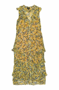 Yellow polyester abstract print sleeveless shirt dress with ruffle trim appliqué