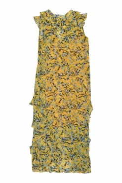 Yellow polyester abstract print sleeveless shirt dress with ruffle trim appliqué