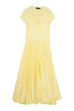 Yellow polyester mixed media pullover lace-up cap sleeve midi dress with plissé A-line skirt