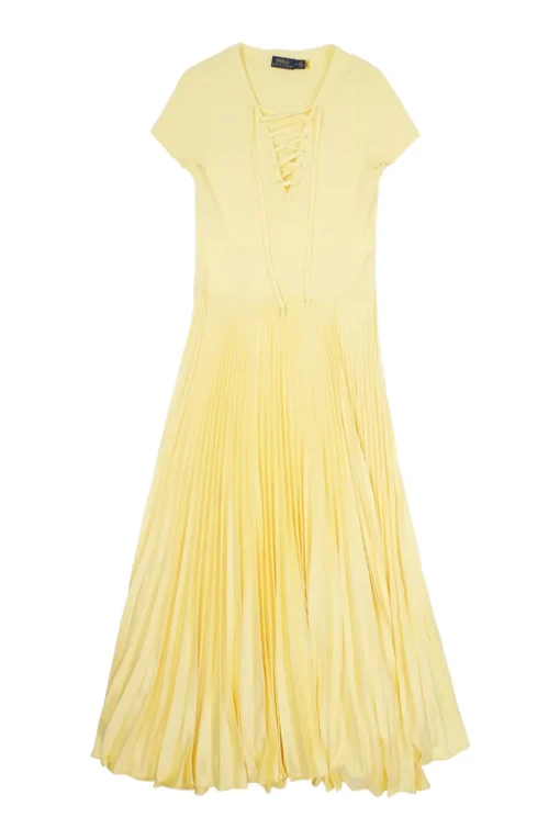 Yellow polyester mixed media pullover lace-up cap sleeve midi dress with plissé A-line skirt