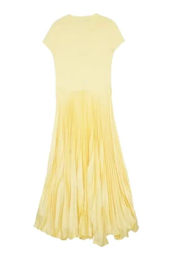 Yellow polyester mixed media pullover lace-up cap sleeve midi dress with plissé A-line skirt