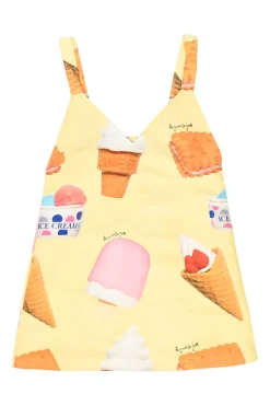 Yellow polyester novelty ice-cream print low-back swing-style camisole with fixed straps