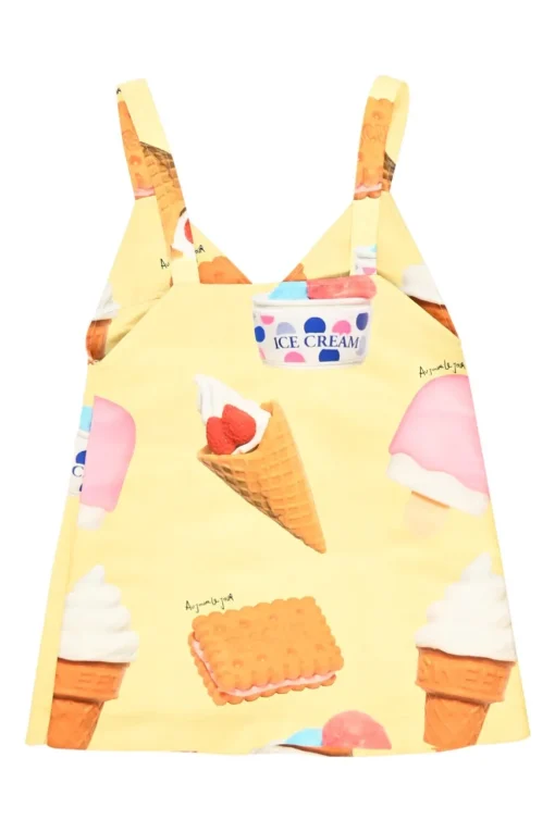 Yellow polyester novelty ice-cream print low-back swing-style camisole with fixed straps