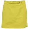Yellow polyester-blend belted mini skirt featuring darted slant pockets