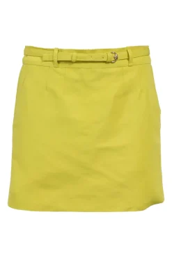 Yellow polyester-blend belted mini skirt featuring darted slant pockets