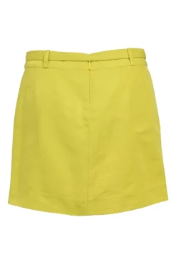 Yellow polyester-blend belted mini skirt featuring darted slant pockets