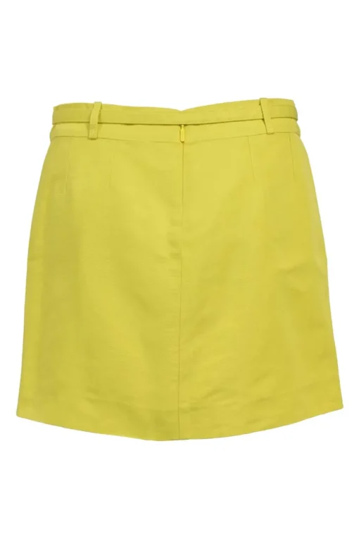 Yellow polyester-blend belted mini skirt featuring darted slant pockets