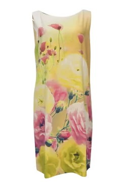 Yellow polyester-blend floral digi-print sleeveless shift sack dress