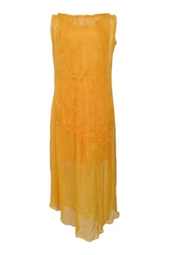 Yellow semi-sheer crinkle fabric bateau neck shift dress with asymmetric hem