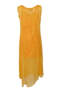 Yellow semi-sheer crinkle fabric bateau neck shift dress with asymmetric hem
