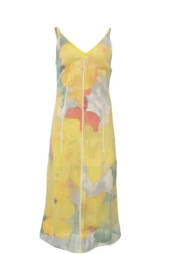 Yellow semi-sheer polyester bustier slip dress with slit back