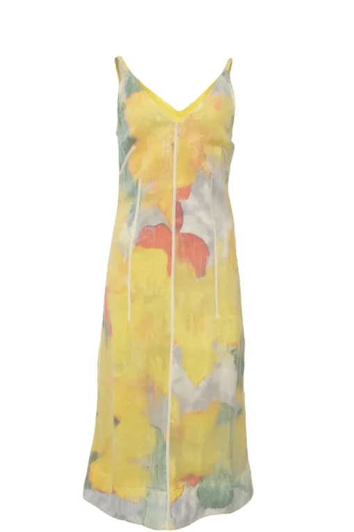 Yellow semi-sheer polyester bustier slip dress with slit back