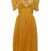 Yellow semi-sheer polyester cold-shoulder puff sleeve keyhole midi dress with A-line plissé skirt
