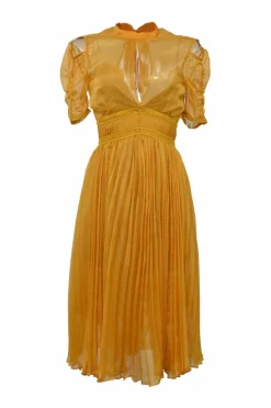 Yellow semi-sheer polyester cold-shoulder puff sleeve keyhole midi dress with A-line plissé skirt