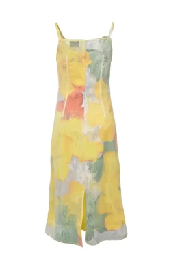 Yellow semi-sheer polyester bustier slip dress with slit back