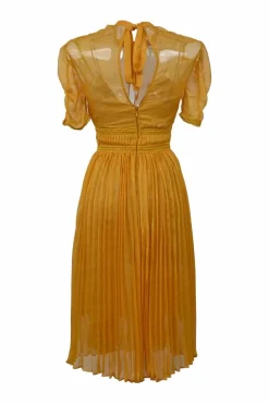 Yellow semi-sheer polyester cold-shoulder puff sleeve keyhole midi dress with A-line plissé skirt