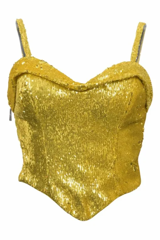 Yellow sequined polyester sweetheart bustier top