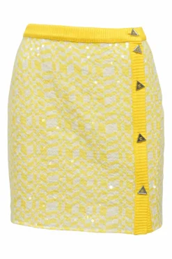 Yellow sequin-embellished silk graphic chevron print mini skirt