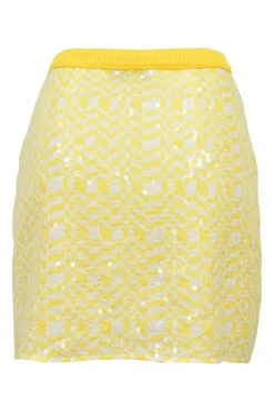 Yellow sequin-embellished silk graphic chevron print mini skirt
