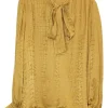 Yellow silk croc jacquard pullover pussybow blouse