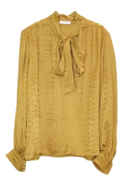 Yellow silk croc jacquard pullover pussybow blouse