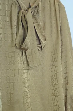 Yellow silk croc jacquard pullover pussybow blouse