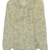 Yellow silk floral print pullover tie-neck tunic top with blouson sleeves