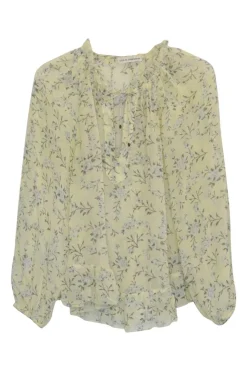 Yellow silk floral print pullover tie-neck tunic top with blouson sleeves