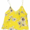 Yellow silk floral print cascade ruffle Lavonia camisole with fixed spaghetti straps