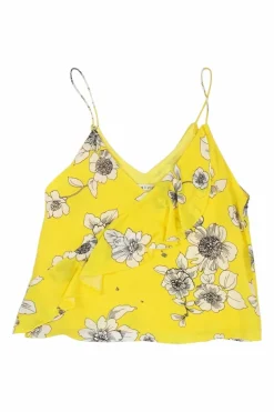 Yellow silk floral print cascade ruffle Lavonia camisole with fixed spaghetti straps