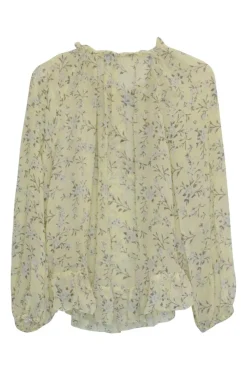 Yellow silk floral print pullover tie-neck tunic top with blouson sleeves